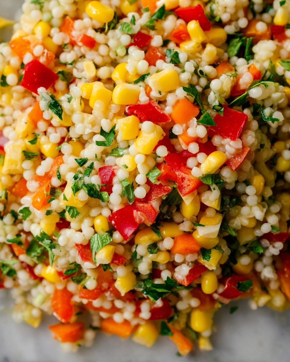 The image shows a close-up of a colorful grain salad with three visible layers mixed together: small, round white grains forming the base texture, bright yellow corn kernels scattered evenly, and finely chopped red and orange bell peppers adding vibrant pops of color throughout. There are also small green herb leaves spread among the ingredients, adding a fresh touch to the mix. The bright colors and different textures are well-balanced, sitting on a white marbled surface. photo taken with an iphone --ar 4:5 --v 7
