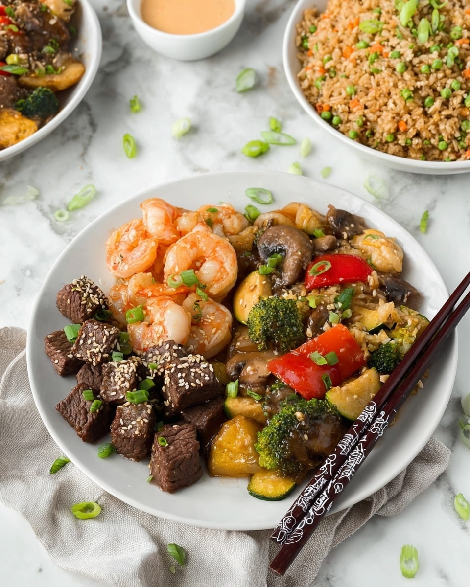 A white plate on a white marbled surface holds a three-part meal: on the left side, dark brown cubes of beef and curled shrimp with a light orange color, both sprinkled with white sesame seeds and chopped green onions; on the right, a colorful mix of stir-fried vegetables including bright green broccoli, light yellow zucchini slices, red bell peppers, and mushrooms, also sprinkled with sesame seeds and green onions; behind these is a large portion of fried rice with visible green peas, orange carrots, and scrambled egg bits, topped with more green onions. Resting on the plate are a pair of dark brown chopsticks with white designs, placed diagonally across a light gray cloth napkin under the plate. Nearby, there is a small white bowl with a light orange sauce, and parts of two white bowls in the background filled with beef and shrimp in one, and stir-fried vegetables in the other. Small green onion pieces are scattered around on the white marbled surface. photo taken with an iphone --ar 4:5 --v 7
