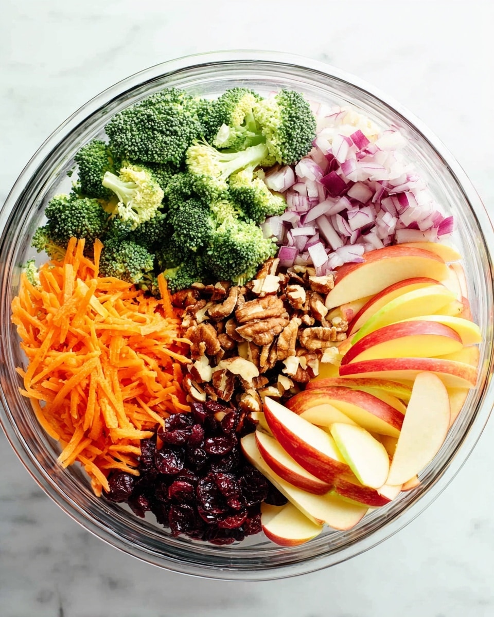 A clear glass bowl holds a colorful fresh salad, divided into neat sections. There are bright green broccoli florets positioned near the top left, next to chopped red onions in pale purple and white. Below them is a pile of shredded orange carrots. On the right side, thinly sliced red and yellow apples are arranged in layered, fan-like shapes. At the top right, a cluster of light brown chopped nuts adds texture. Dark red dried cranberries sit beneath the apples and nuts, completing the vibrant mix against the transparent bowl. The bowl is set on a white marbled surface. photo taken with an iphone --ar 4:5 --v 7