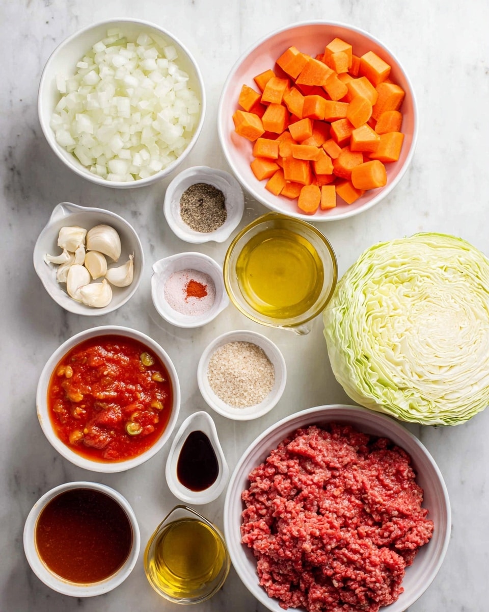 The image shows a white marbled surface with various ingredients arranged neatly. There is a large white bowl filled with chopped white onions on the top left and below it a large white bowl of diced orange carrots. A small white bowl with tomato paste is near the top center along with another small bowl holding mixed spices of pink and black. Olive oil fills a tiny white bowl below the spices. A measuring cup of uncooked white rice is next to several garlic cloves. On the bottom left, there are two white bowls stacked vertically, one with crushed tomatoes and another with a thick red tomato sauce with pieces. A small cup of dark brown soy sauce and a small bowl of light brown granulated seasoning are side by side near the bottom center. On the right side, a large white bowl contains bright red ground beef. A large half head of pale green cabbage sits nearby along the bottom right with a clear glass measuring cup of yellow broth. photo taken with an iphone --ar 4:5 --v 7