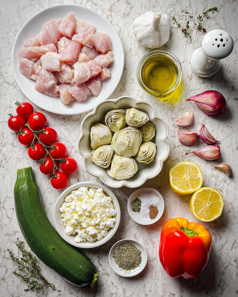The image shows several fresh ingredients arranged neatly on a white marbled surface. On the top left, there is a white plate filled with pink chunks of raw chicken. Below it, a green zucchini and a bunch of red cherry tomatoes on the vine add color contrast. In the middle, a white bowl holds several artichoke hearts, and next to it, a smaller white scalloped bowl contains crumbly white cheese. On the right side, two lemon halves and a whole lemon sit next to a large red and orange bell pepper. At the top right, a halved red onion and three garlic cloves are placed beside a small glass bottle of olive oil, a white pepper grinder, and small bowls with dried herbs, salt, and garlic powder. Small sprigs of fresh herbs are also scattered around. Photo taken with an iphone --ar 4:5 --v 7