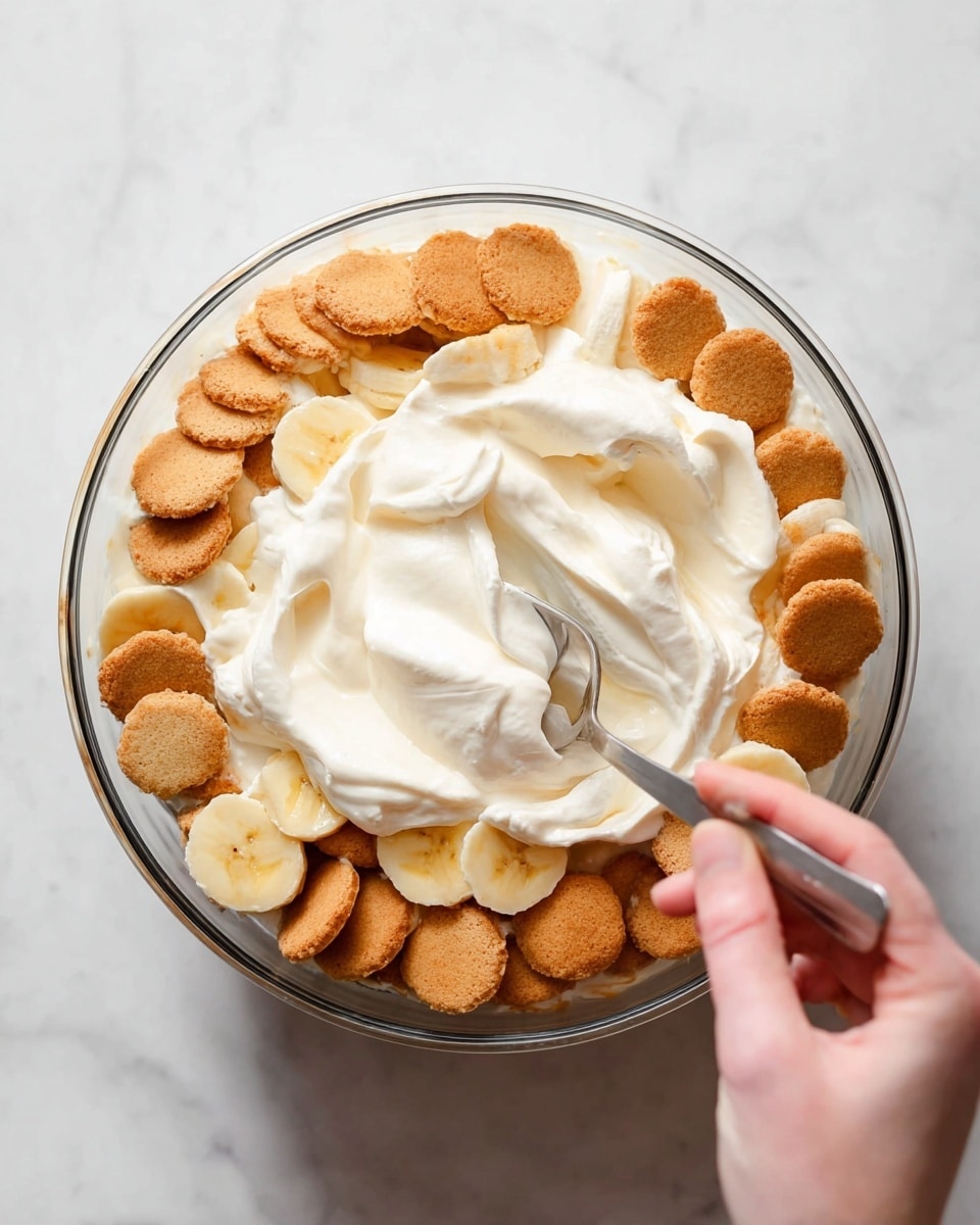 A clear bowl sits on a white marbled surface, filled with a layered dessert. The bottom layer is made of round, golden-brown cookies, arranged closely in a circle. Above the cookies, thick white cream is being spread evenly by a woman's hand holding a silver spoon. Around the edges inside the bowl, you can see slices of banana, light yellow in color, partially covered by the cookies and cream. The layers alternate between the light golden cookies, creamy white topping, and banana slices along the sides. Photo taken with an iphone --ar 4:5 --v 7