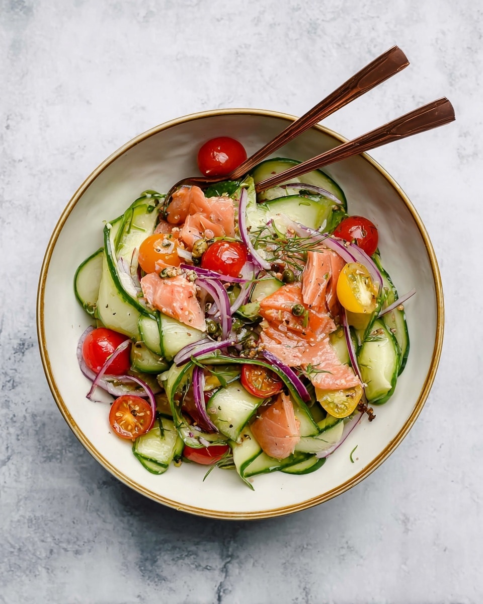 A round white bowl with a gold rim holds a fresh salad with several layers. The bottom layer consists of thin, long strips of light green cucumber with dark green edges, layered unevenly. On top are small red cherry tomato halves and a few yellow cherry tomatoes spread around. Scattered over the vegetables are thin slices of pale pink salmon with a soft texture. Thin rings of purple-red onion mix throughout, adding color and texture. Black and light-colored small seeds and bits are sprinkled on top for extra detail. Two copper forks stand in the bowl, one positioned near the top left and the other near the bottom right. The bowl sits on a white marbled surface. photo taken with an iphone --ar 4:5 --v 7