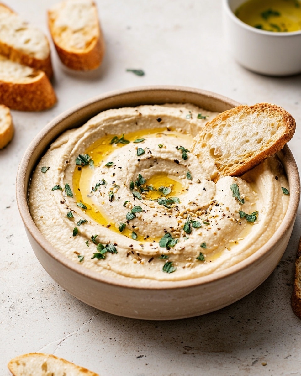 A round light brown bowl holds a creamy, pale beige hummus spread, swirled in a circular pattern creating soft ridges. On top, a drizzle of golden olive oil pools slightly in the center swirl, sprinkled with small black pepper grains and fresh green herb leaves scattered evenly. A small toasted white bread slice rests partially dipped on the right edge inside the hummus. Around the bowl on a white marbled surface are a few scattered toasted bread pieces. In the background, out of focus, is a white cup filled with greenish sauce. Photo taken with an iphone --ar 4:5 --v 7