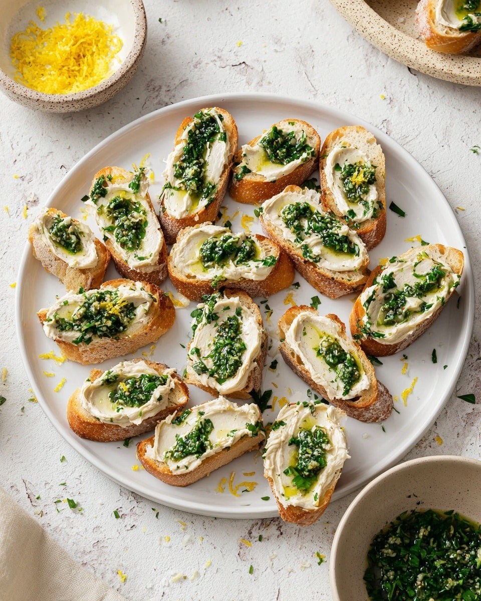 The image shows a white plate filled with about twelve pieces of toasted bread, each topped with a thick layer of creamy beige spread. On top of the spread, there are small dollops of bright green herb oil, with visible chopped herbs adding texture. The toast has a golden-brown crust and a slightly rough texture, while the spread looks smooth and soft. The herb oil glistens under the light, creating small shiny spots on each piece. The background is a white marbled texture. photo taken with an iphone --ar 4:5 --v 7