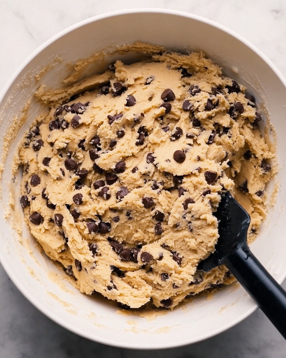 A white bowl filled with a thick, light beige cookie dough mixed with many small, dark chocolate chips spread unevenly throughout. The dough has a soft, slightly crumbly texture, appearing dense and rich. A black spatula is partially immersed in the dough on the lower right side of the bowl, slightly pushing the dough aside. The background is a white marbled surface. photo taken with an iphone --ar 4:5 --v 7