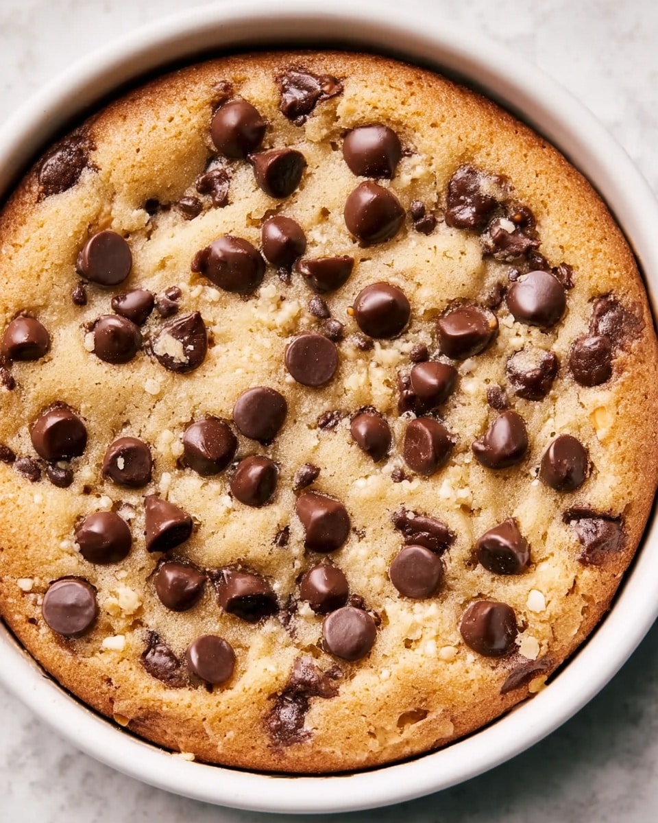 A close-up view of a single-layer round cookie in a white ceramic dish, the cookie is golden brown with a slightly cracked surface texture. Scattered generously on top are different sizes of shiny dark brown chocolate chips, some slightly melted and others solid, adding a rich look. The edges of the cookie are a bit darker and crispier while the center is softer and lighter. The dish sits on a white marbled textured surface. photo taken with an iphone --ar 4:5 --v 7
