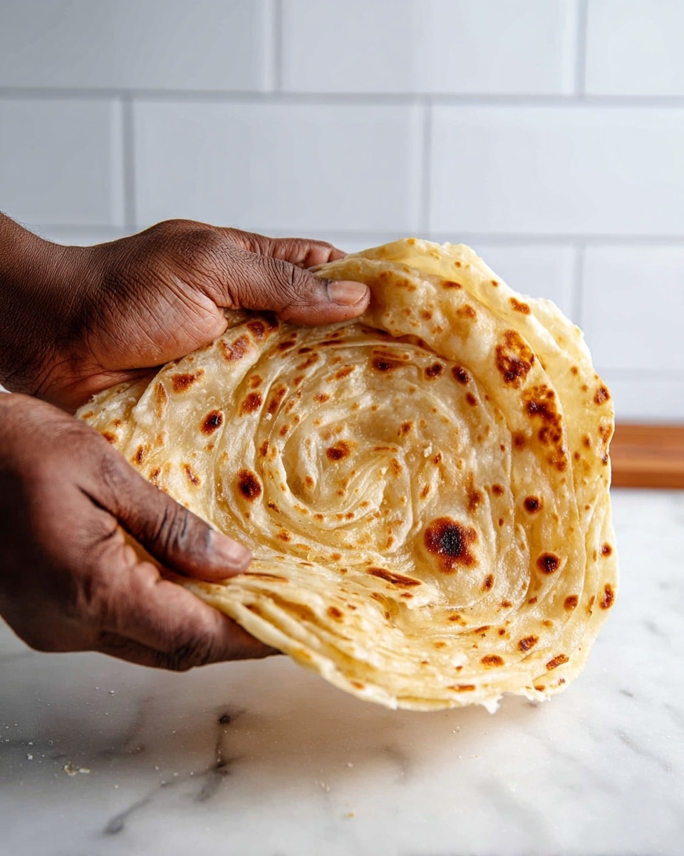 A close-up of two dark-skinned hands gently pulling apart a round, flaky flatbread with a golden-brown, crisp outer layer and multiple thin, soft inner layers visible in a spiral pattern. The flatbread's surface shows light and dark brown spots indicating it was cooked on a hot surface. The background features a white marbled texture with a blurred white tiled wall behind, highlighting the bread and hands. photo taken with an iphone --ar 4:5 --v 7