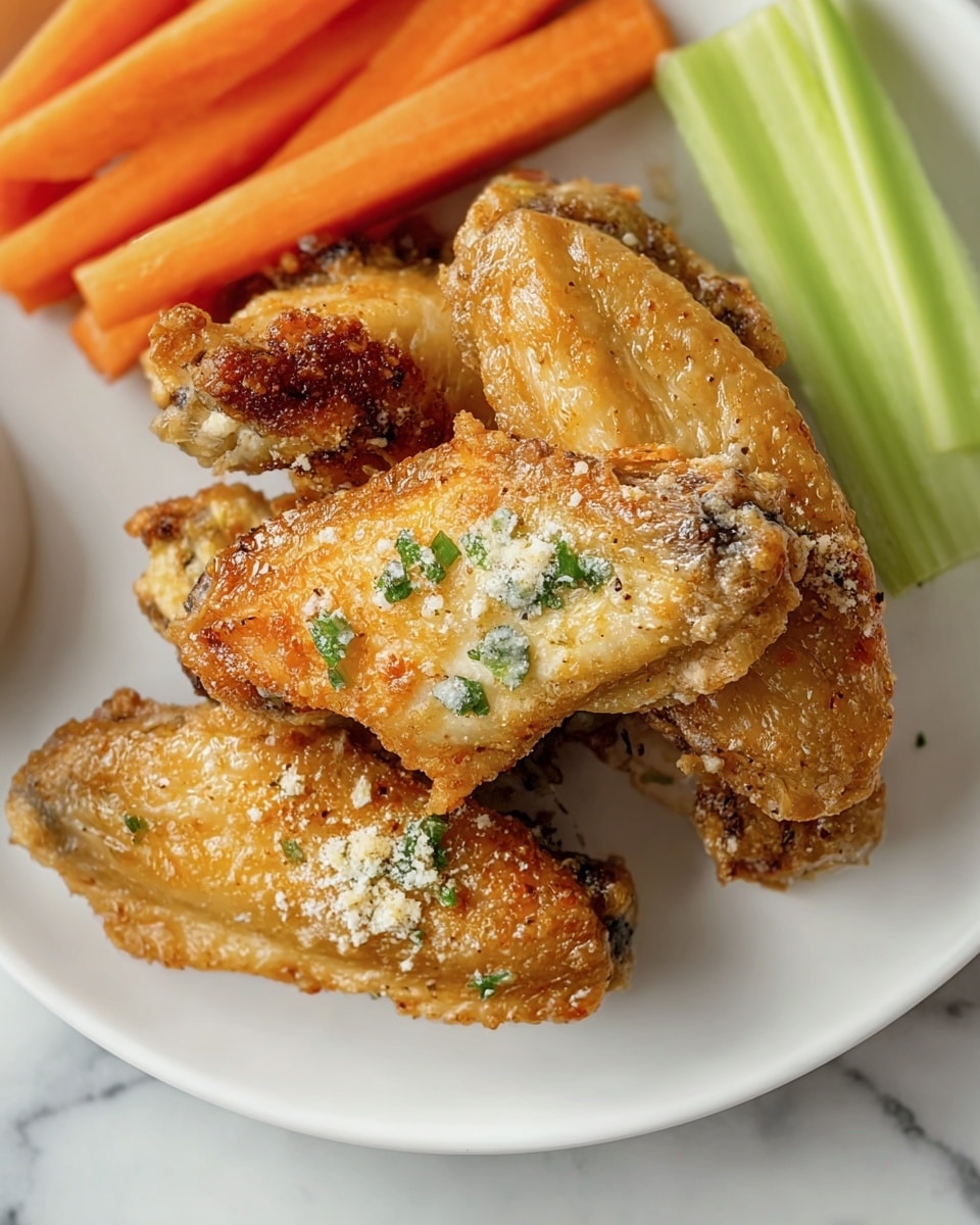 A white plate holds three golden brown chicken wings with a crispy texture showing little bits of white seasoning and green herbs scattered inside the crisp skin. Behind the wings, there are two bright orange carrot sticks and one light green celery stick placed next to each other. The white plate sits on a surface with a white marbled texture. Photo taken with an iphone --ar 4:5 --v 7