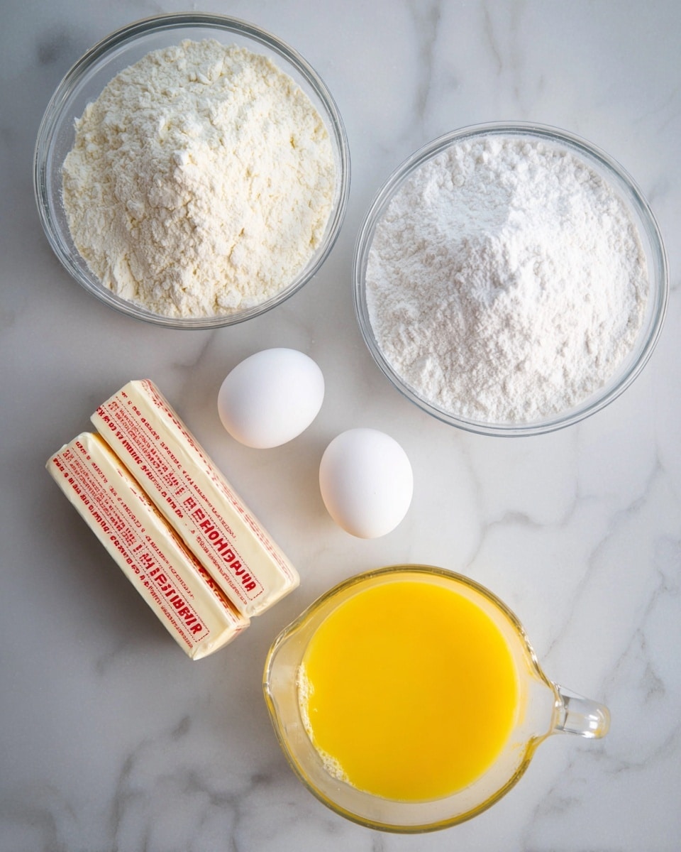 The image shows five cooking ingredients on a white marbled surface. There are two clear glass bowls at the top, the one on the left filled with white flour, and the one on the right holding white powdered sugar, both with slightly rough textures. Below and to the left, there is a stick of butter wrapped in paper with red text, split into two pieces. To the right of the butter, there are two white eggs placed side by side. At the bottom right, there is a clear glass measuring cup filled with a smooth, bright yellow liquid, likely melted butter or egg yolk mixture. photo taken with an iphone --ar 4:5 --v 7