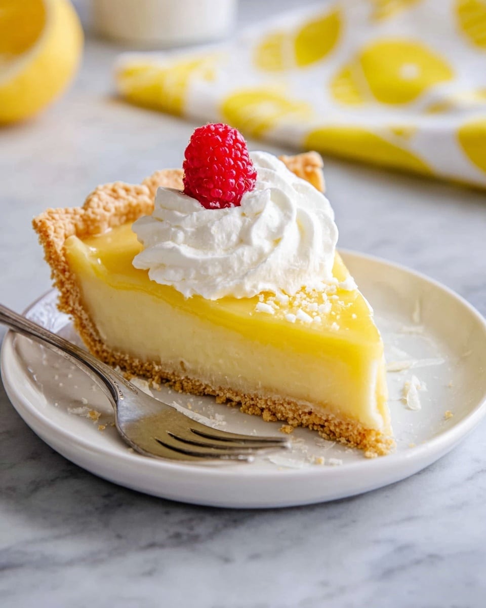 A slice of lemon pie sits on a small white plate, showing three main layers: a pale, crumbly crust at the bottom, a smooth and bright yellow lemon filling in the middle, and a dollop of white whipped cream on top. The whipped cream is garnished with a single red raspberry, adding a pop of color. Next to the pie slice, there is a silver fork resting on the plate. The scene is set on a white marbled surface with a fabric that has yellow and white lemon patterns partially visible in the background. photo taken with an iphone --ar 4:5 --v 7