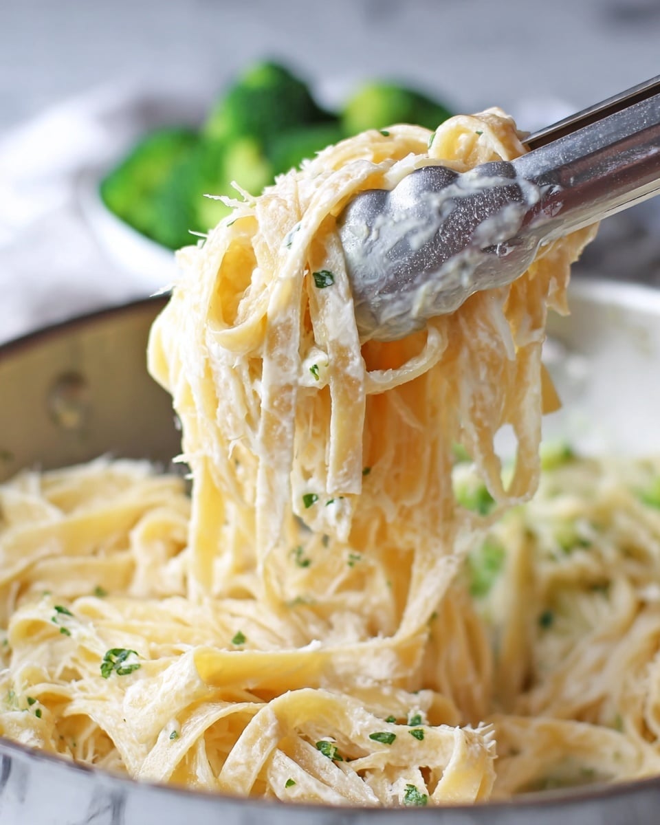 A close-up image of a silver tongs holding a large nest of creamy light yellow fettuccine pasta, coated with a rich white sauce with small green herb specks, lifting it out of a silver pan with more pasta and some green broccoli florets visible in the background, all set on a white marbled surface photo taken with an iphone --ar 4:5 --v 7