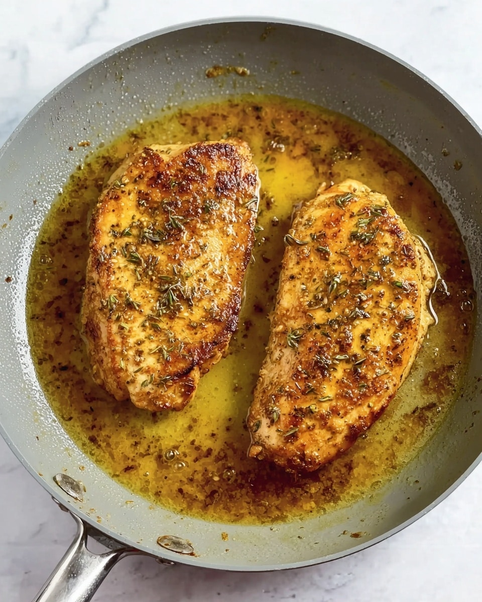 Two golden brown cooked pieces of chicken sit side by side in a gray non-stick pan filled with oil that has browned bits floating in it. The chicken has a slightly crispy texture with visible herbs and spices scattered on top. The pan handle rests on the left side, and the scene is set on a white marbled surface. photo taken with an iphone --ar 4:5 --v 7