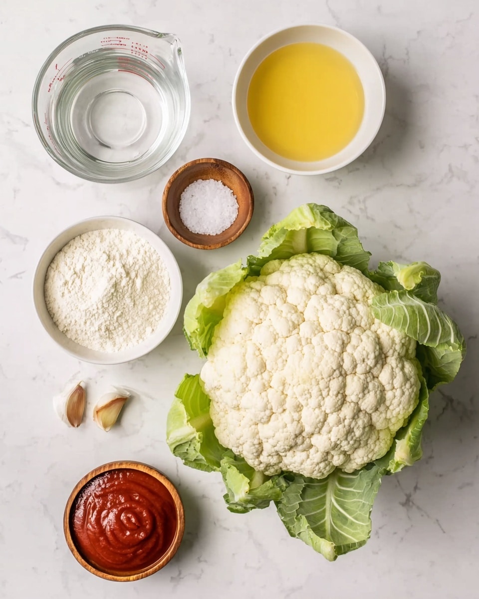 A large white cauliflower with green leaves around the base sits at the bottom right on a white marbled surface. Surrounding it are five small bowls: at the top left is a clear measuring cup with water, next to that on the right is a white bowl filled with a smooth yellow liquid, below that is a white bowl filled with white flour with a soft texture, to the left is a white bowl with red sauce that looks thick and glossy, and below is a small wooden bowl with white salt. There are two small garlic cloves with a bit of brown color in another small wooden bowl in the middle left area. photo taken with an iphone --ar 4:5 --v 7