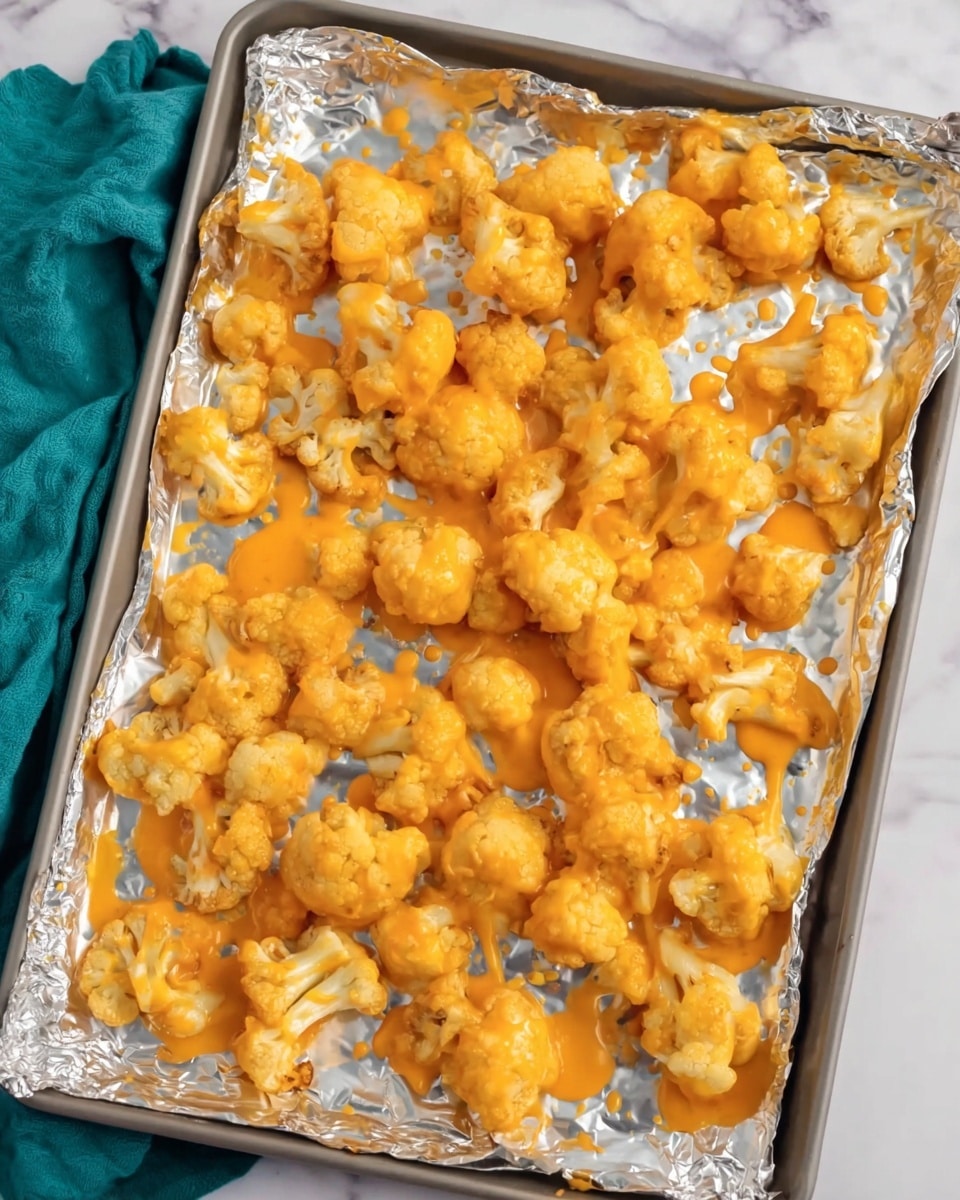 The image shows a baking tray lined with aluminum foil, filled with many small to medium cauliflower pieces spread out unevenly. Each cauliflower piece is covered in bright orange cheese sauce that looks melted and smooth, creating a glossy texture. Some sauce drips and small pools of sauce are visible between the cauliflower pieces on the foil. The tray is placed on a white marbled surface with a teal cloth visible on the left side. Photo taken with an iphone --ar 4:5 --v 7