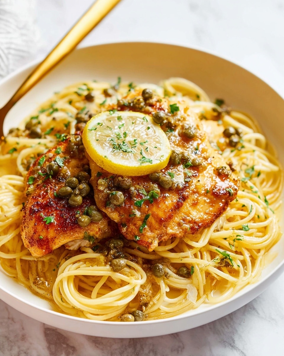 A white shallow bowl holds a bed of light yellow cooked spaghetti arranged in loose coils. On top, two pieces of golden brown chicken with a slightly crispy texture are placed, each sprinkled with chopped fresh green herbs and small dark green capers. One piece of chicken is topped with a thin, round slice of lemon sprinkled with some herbs. The bowl is set on a white marbled surface, and a gold fork is partially visible on the left side. The lighting highlights the glossy sauce on the chicken and the fresh herbs, giving the dish a warm and appetizing look photo taken with an iphone --ar 4:5 --v 7