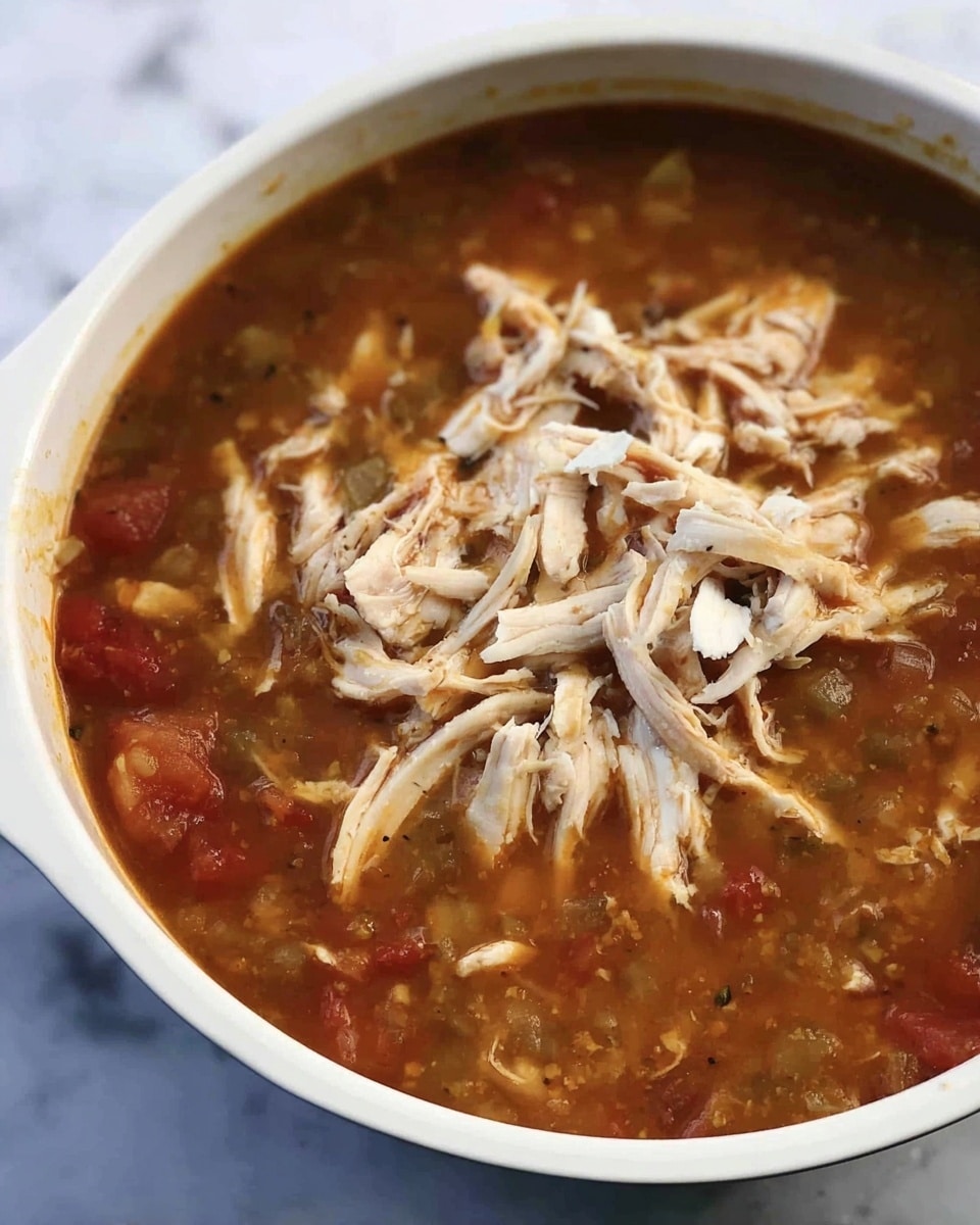 The image shows a white bowl filled with a thick brown soup that has visible chunks of tomato and other vegetables. On top of the soup, there is a generous layer of shredded pale white chicken evenly spread. The bowl sits on a white marbled surface, and the soup looks hearty and warm. photo taken with an iphone --ar 4:5 --v 7
