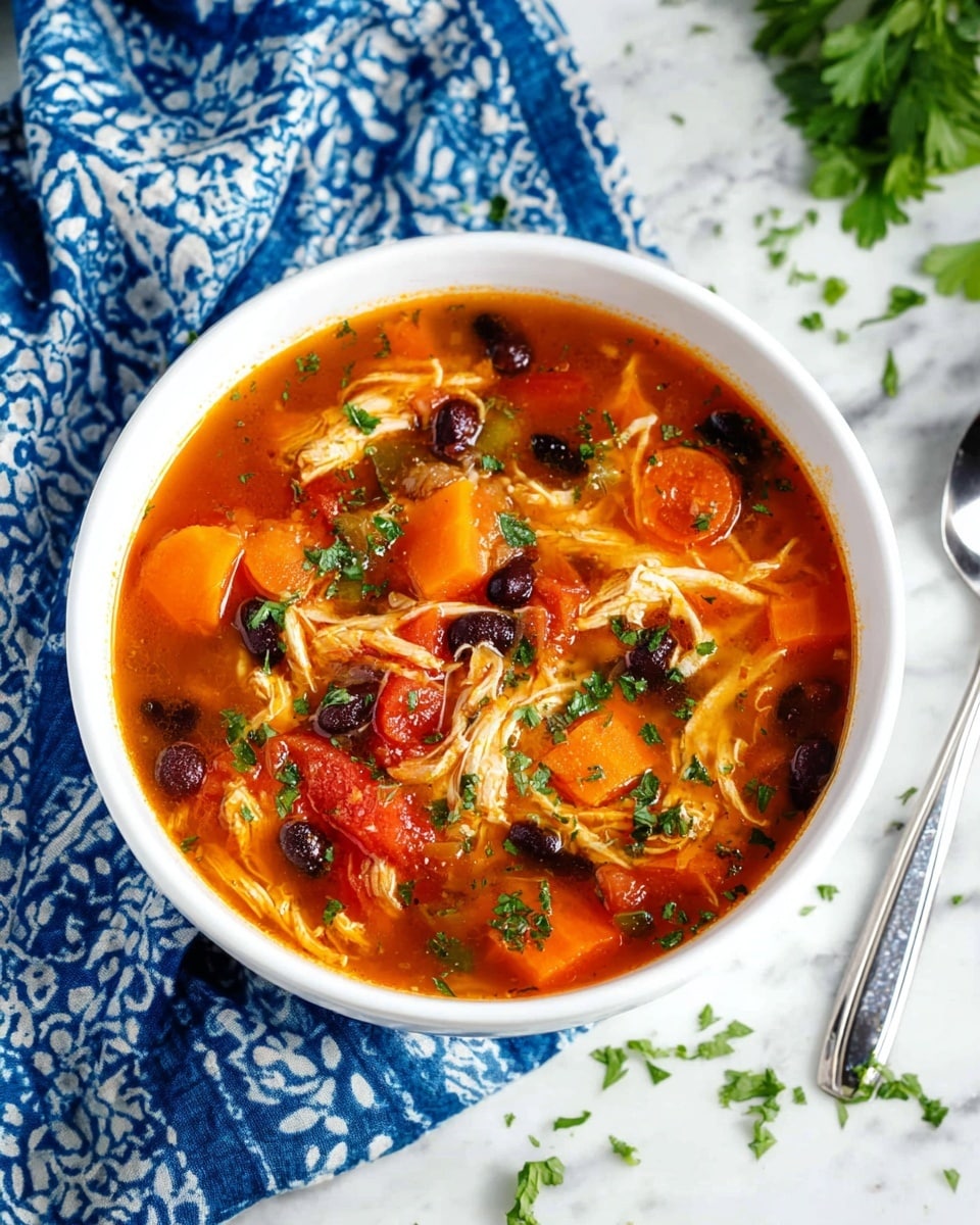 A white bowl filled with a thick soup showing four main layers: the base layer is a rich orange-red broth, above it there are large chunks of orange carrots and small red tomato pieces, the next layer has shredded pale yellow chicken mixed with small black beans, and the top layer is sprinkled with chopped green herbs. The bowl sits on a blue and white patterned cloth on a white marbled surface with some green herb sprigs scattered around. A silver spoon is placed next to the bowl. Photo taken with an iphone --ar 4:5 --v 7