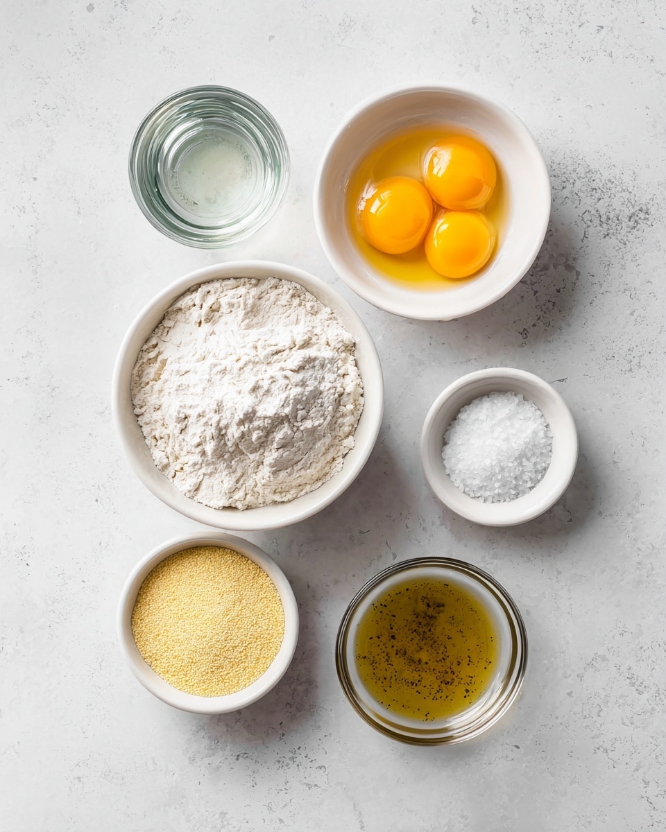 A top-down view of six small white bowls and a clear glass jar arranged on a white marbled surface. The center bowl holds a heap of white flour with a rough texture. Above it to the right is a bowl containing three bright yellow egg yolks with smooth, shiny surfaces. To the left of the egg yolks, the glass jar is filled with clear water. Below the flour, there is a bowl with fine, pale yellow cornmeal. To the right of the cornmeal, a small bowl contains a smooth and slightly speckled golden liquid, likely oil with pepper bits. Above that is a bowl with fine white salt crystals. The setup shows ingredients ready for mixing in a clean and simple style photo taken with an iphone --ar 4:5 --v 7