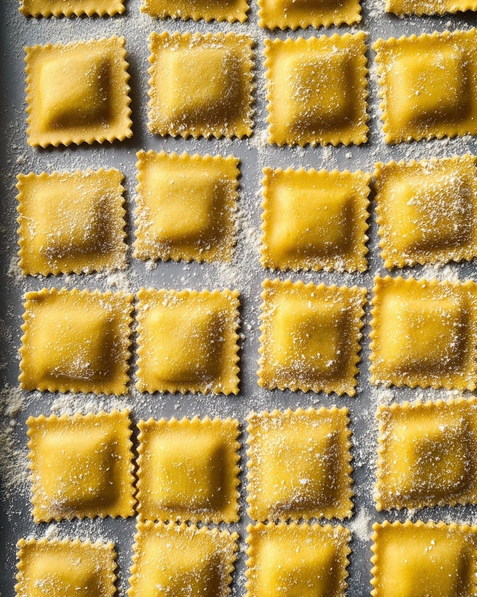 The image shows twenty yellow square ravioli pieces arranged in a grid pattern on a gray baking tray. Each ravioli has a fluted edge and is dusted lightly with flour, giving a slightly rough texture on the surface. The ravioli pieces are neatly placed with small spaces between them, showing the tray underneath with some flour scattered around. The background is a white marbled texture. photo taken with an iphone --ar 4:5 --v 7