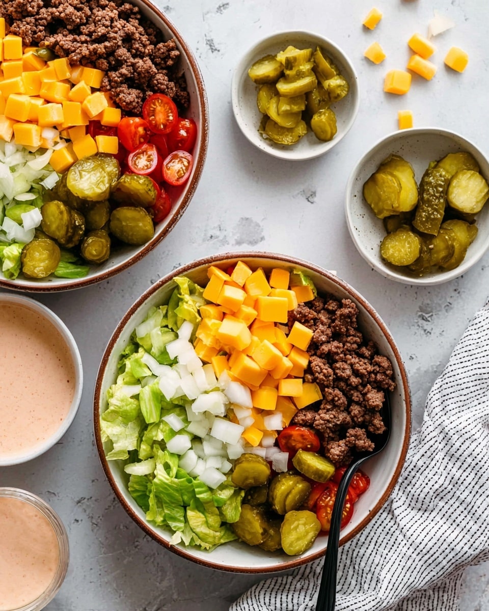 Two white bowls with brown rim are shown on a white marbled surface. Each bowl has five distinct layers evenly spread in sections: cooked ground beef in dark brown, bright yellow cheese chunks, chopped white onions, chopped light green lettuce, sliced green pickles, and halved red cherry tomatoes. One bowl has a black spoon resting inside. Surrounding the bowls are small white dishes with extra sliced pickles and a pinkish sauce with chopped onions. Some cheese chunks are scattered on the surface. A white and black striped cloth is partially visible near the bottom right corner of the image. Photo taken with an iphone --ar 4:5 --v 7