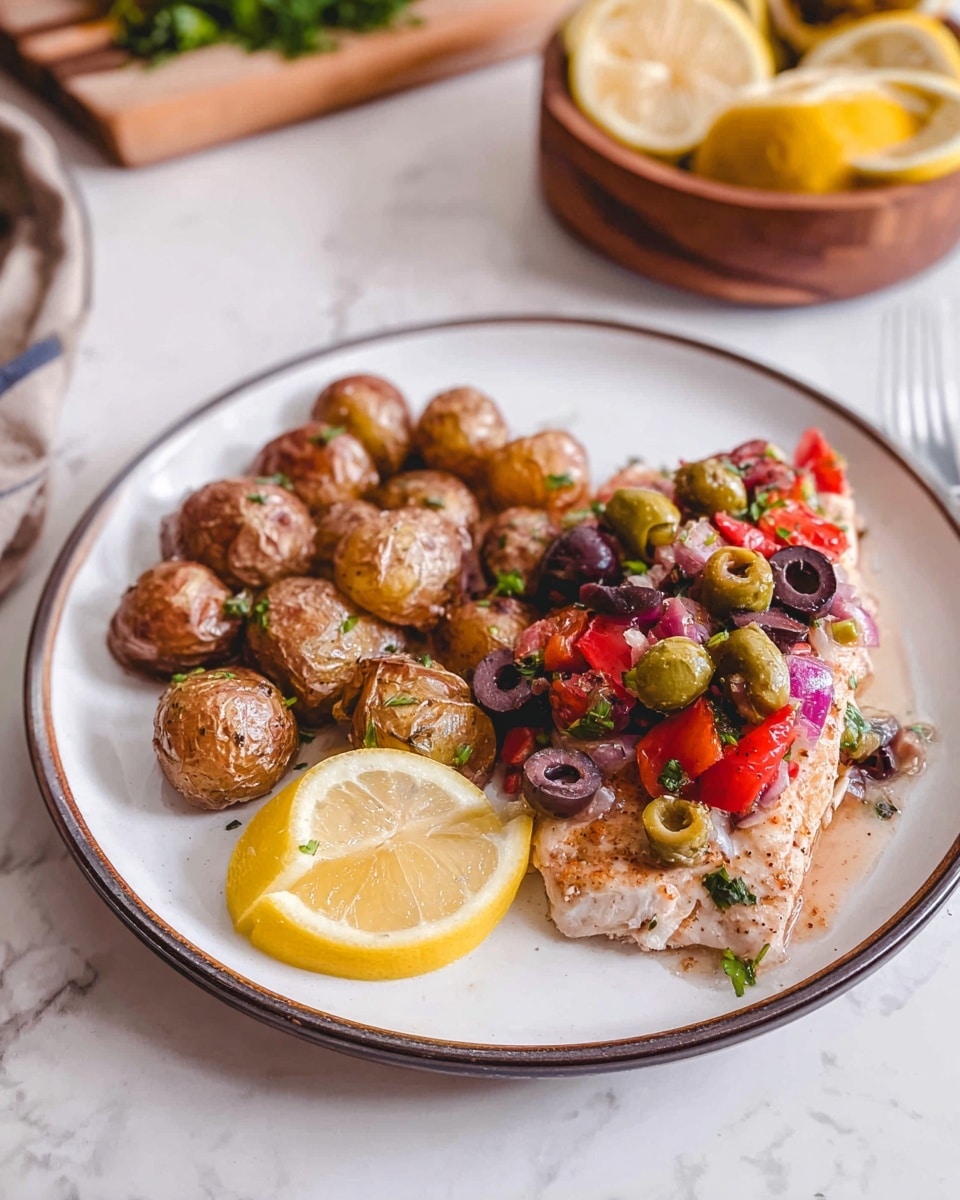 A white plate with a thin dark rim holds a meal with two main parts. On the left side, there are small, roasted baby potatoes with a golden brown, slightly crispy skin, piled next to a lemon wedge at the front. On the right side, a piece of cooked chicken is topped with a colorful mix of halved green and black olives, bright red cherry tomatoes, small bits of purple onion, and some green herbs. The chicken has a light brown, slightly crisp surface. The plate sits on a white marbled surface. In the background, there is a wooden bowl with lemon wedges and some green herbs nearby. photo taken with an iphone --ar 4:5 --v 7