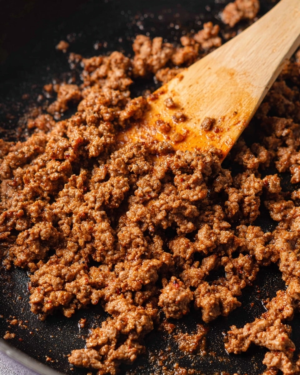 A close-up image shows cooked ground meat in a black skillet. The meat is broken into small, uneven pieces with a browned, slightly reddish color and a textured surface that looks juicy but not oily. A wooden spatula is resting in the skillet among the meat, its light brown surface slightly stained by the cooking juices. The skillet surface is shiny with some cooked-on bits visible in the background. The overall look is warm and rustic. Photo taken with an iphone --ar 4:5 --v 7