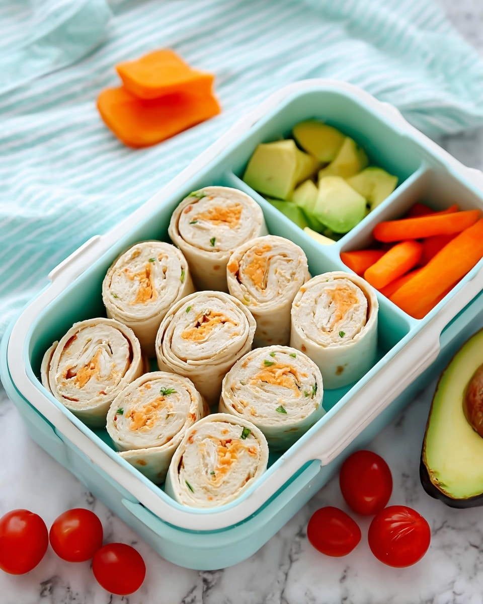 The image shows a close-up of tortilla pinwheels, with visible layers of a light beige tortilla wrapped around a creamy filling that has orange shredded cheese, small green herb bits, and light white chunks, likely chicken. The pinwheel is sliced to reveal three to four visible spiral layers with a smooth and soft texture, stacked on a white dish with other pieces blurred in the background. Out of focus, there is a section of diced green and yellow vegetables in the top right corner. The surface beneath the dish has a white marbled texture. photo taken with an iphone --ar 4:5 --v 7