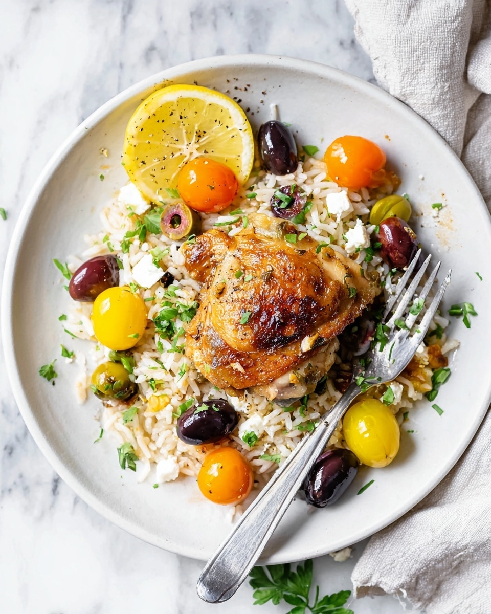 A white plate shows a meal with three main layers. The bottom layer is white rice mixed with green and black olives, and small pieces of white cheese, all sprinkled with chopped green herbs. On top of the rice, there is a piece of golden-brown cooked chicken with a crispy skin, placed slightly off-center. Around the chicken, there are small whole cherry tomatoes in yellow and orange colors. A yellow lemon slice with black pepper sits on the left side of the plate. A silver fork lies on the right side, resting on the rice. The plate is set on a white marbled surface with a light-colored cloth nearby. Photo taken with an iphone --ar 4:5 --v 7