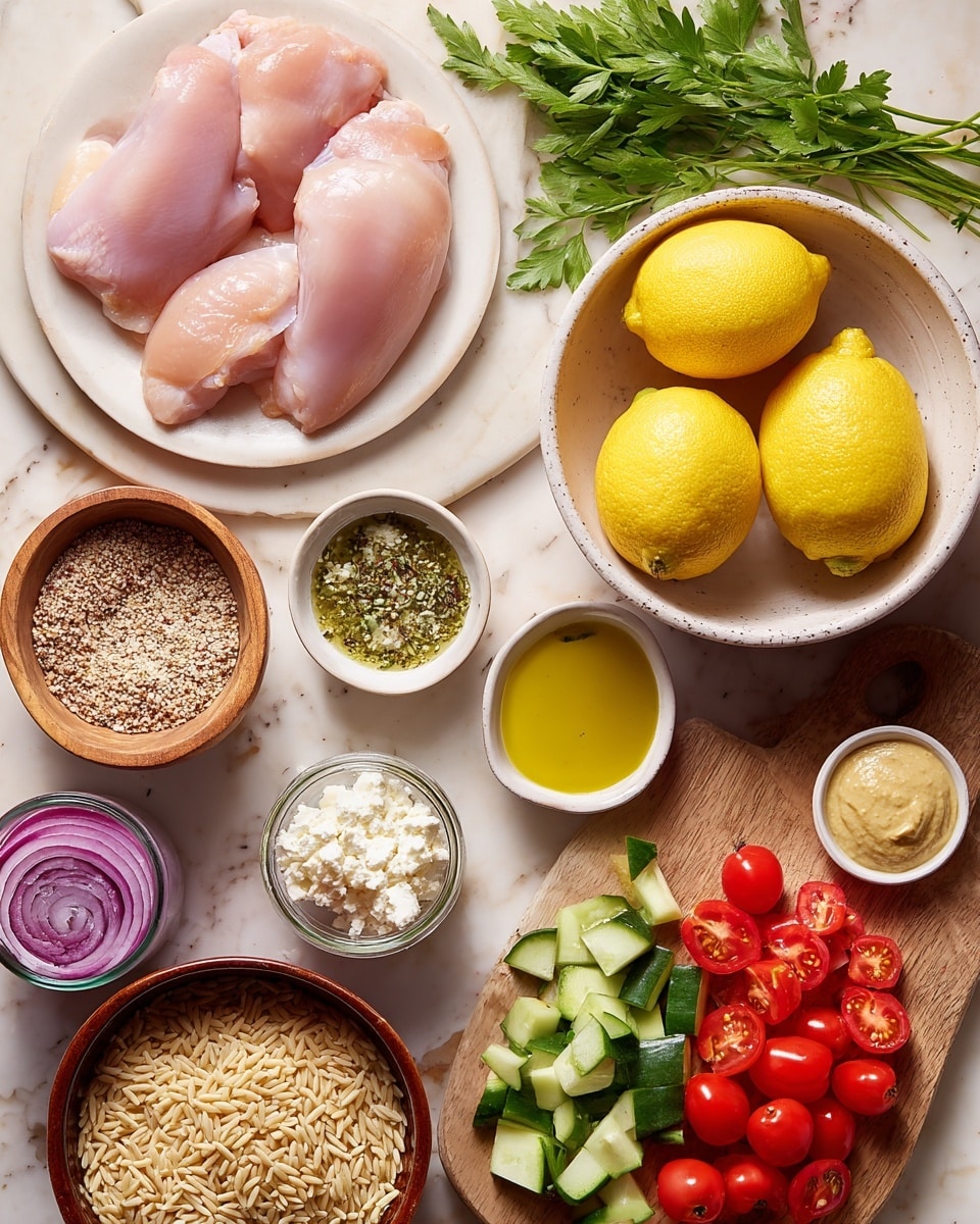A top view of raw chicken pieces placed on a white plate at the upper left, surrounded by various colorful ingredients arranged neatly on a white marbled surface. To the right, a white bowl holds whole and halved bright yellow lemons. Below the lemons, a small wooden bowl contains coarse salt mixed with herbs, next to small white bowls filled with mustard yellow sauce and a light beige paste. At the bottom right, a wooden cutting board holds halved red cherry tomatoes and chopped green cucumber pieces. To the left of the cutting board, a small glass jar holds pickled purple onion rings. A small white bowl filled with crumbled white cheese is at the bottom left. In the center, a brown pot filled with uncooked orzo pasta completes the composition, with fresh green parsley sprigs placed around the ingredients. Photo taken with an iphone --ar 4:5 --v 7