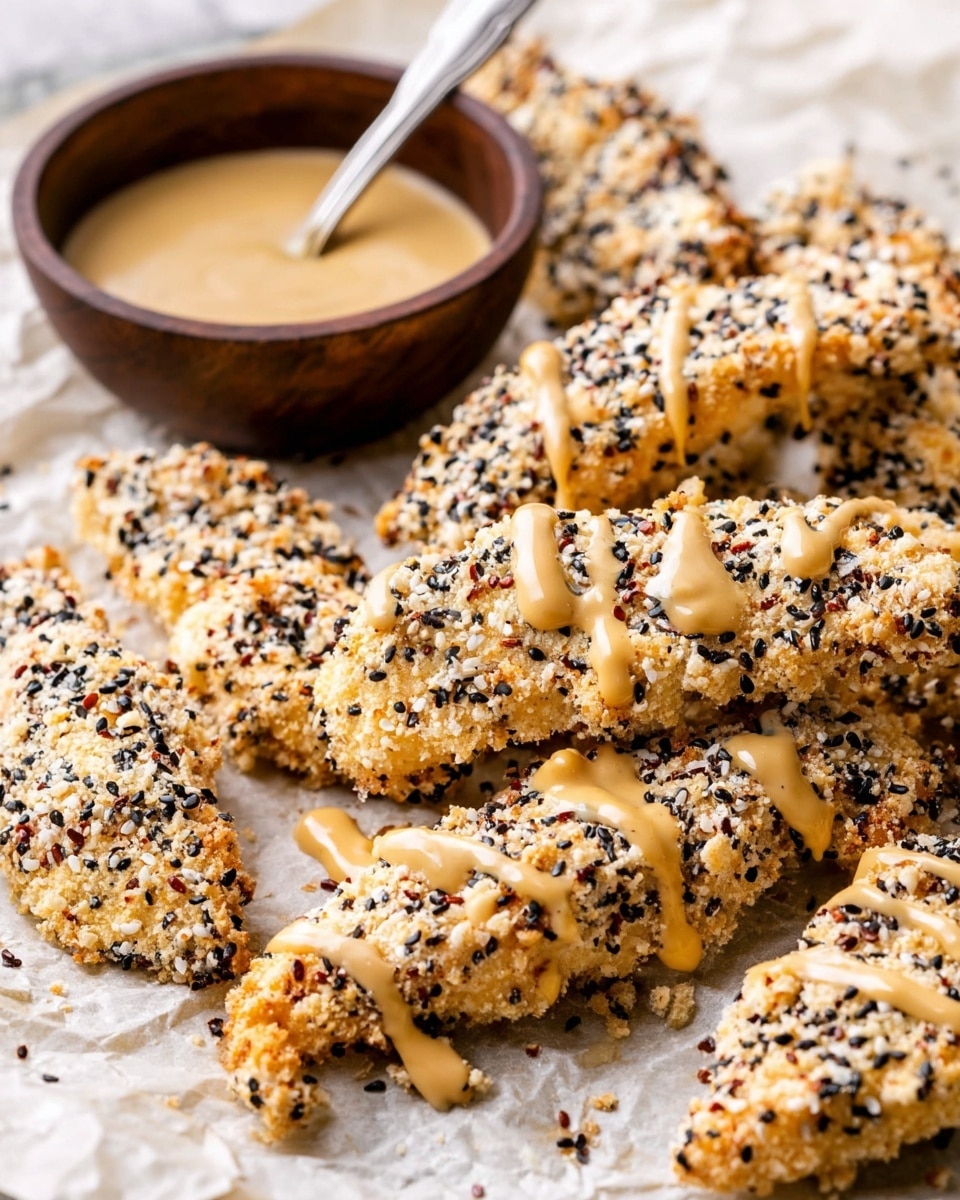 The image shows several crunchy chicken strips covered in a white and black sesame seed coating scattered on parchment paper over a white marbled surface. The chicken strips have a light golden drizzle of sauce zigzagged over them, adding a glossy texture. In the background, there is a small dark wooden bowl filled with a creamy, light brown dipping sauce with a silver spoon resting in it. The whole scene is bright with a soft focus on the background and sharp detail on the chicken strips in the front. photo taken with an iphone --ar 4:5 --v 7