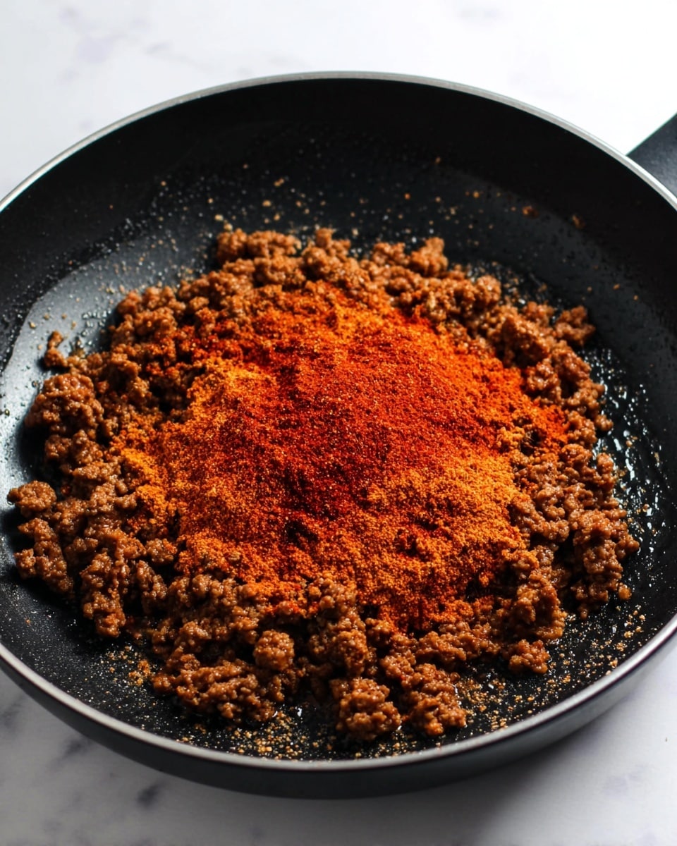 A black pan filled with cooked ground meat forming the base layer, topped with a bright reddish-brown layer of powdered spices sprinkled in the center, both layers showing a coarse and crumbly texture. The pan is placed on a white marbled surface, with water droplets visible on the pan's side, creating a fresh cooking scene. photo taken with an iphone --ar 4:5 --v 7