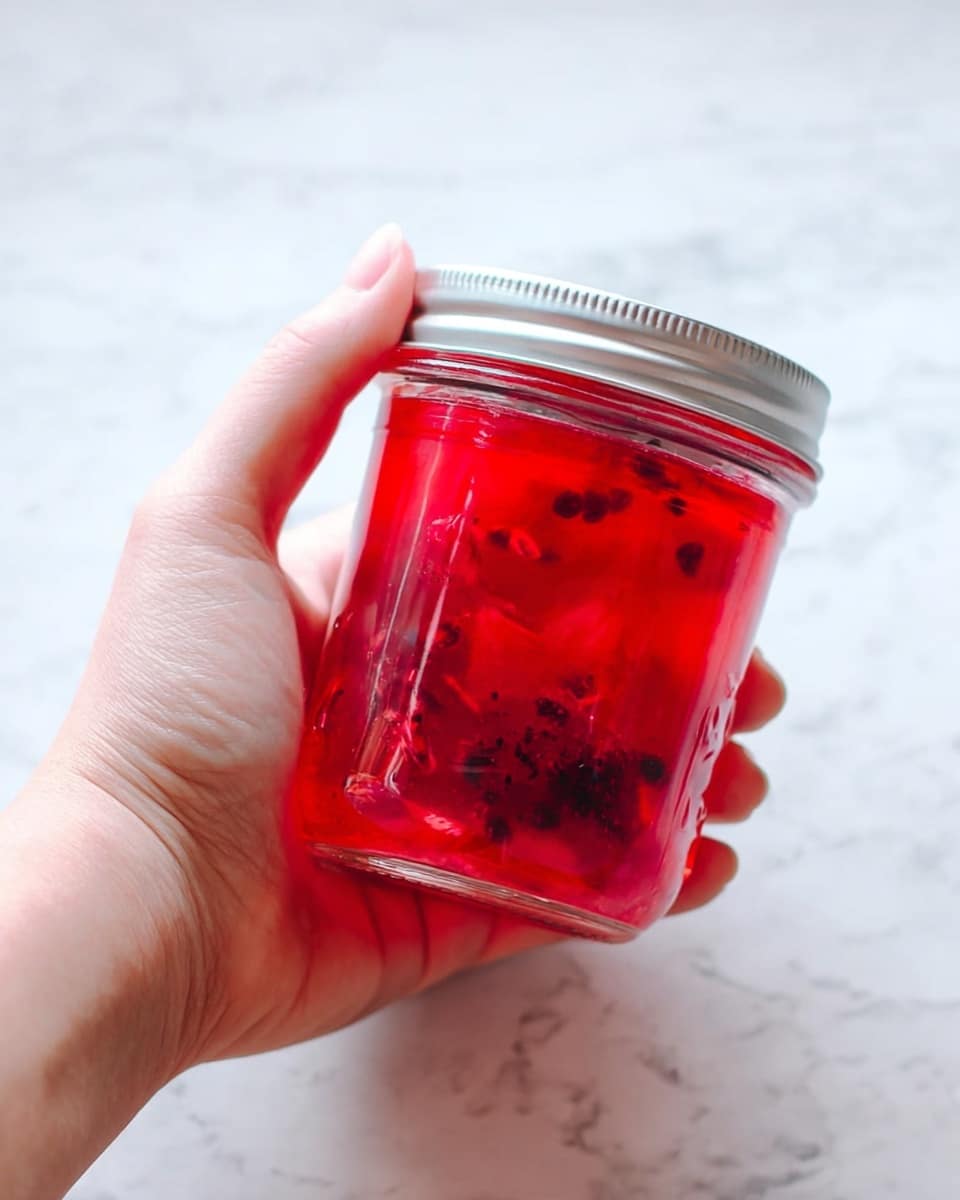 A woman's hand holding a small clear glass jar with a silver lid, filled with a bright red liquid. Inside the liquid are small black seeds and pieces of red fruit, visible through the glass. The jar is tilted slightly, showing the texture and color of the drink inside. The background is a white marbled surface. photo taken with an iphone --ar 4:5 --v 7