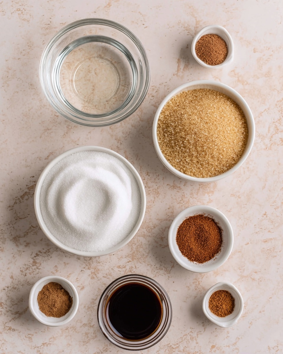 A collection of seven small bowls and one large bowl are arranged on a white marbled surface. The large bowl at the top left contains a clear liquid. Below it, a medium bowl holds fine white sugar with a smooth, swirled texture on top. To the right of the sugar, another medium bowl is filled with light brown granulated sugar, which has a rough texture. Around these larger bowls, five small white bowls are placed: two at the top right with different shades of ground spices—one medium brown, the other reddish-brown, two more below the brown sugar with similar ground spices in light brown and dark reddish shades, and one small bowl at the bottom right contains a dark liquid resembling vanilla extract. The arrangement is neat and evenly spaced, showing clear differences in color and texture of each ingredient. Photo taken with an iphone --ar 4:5 --v 7