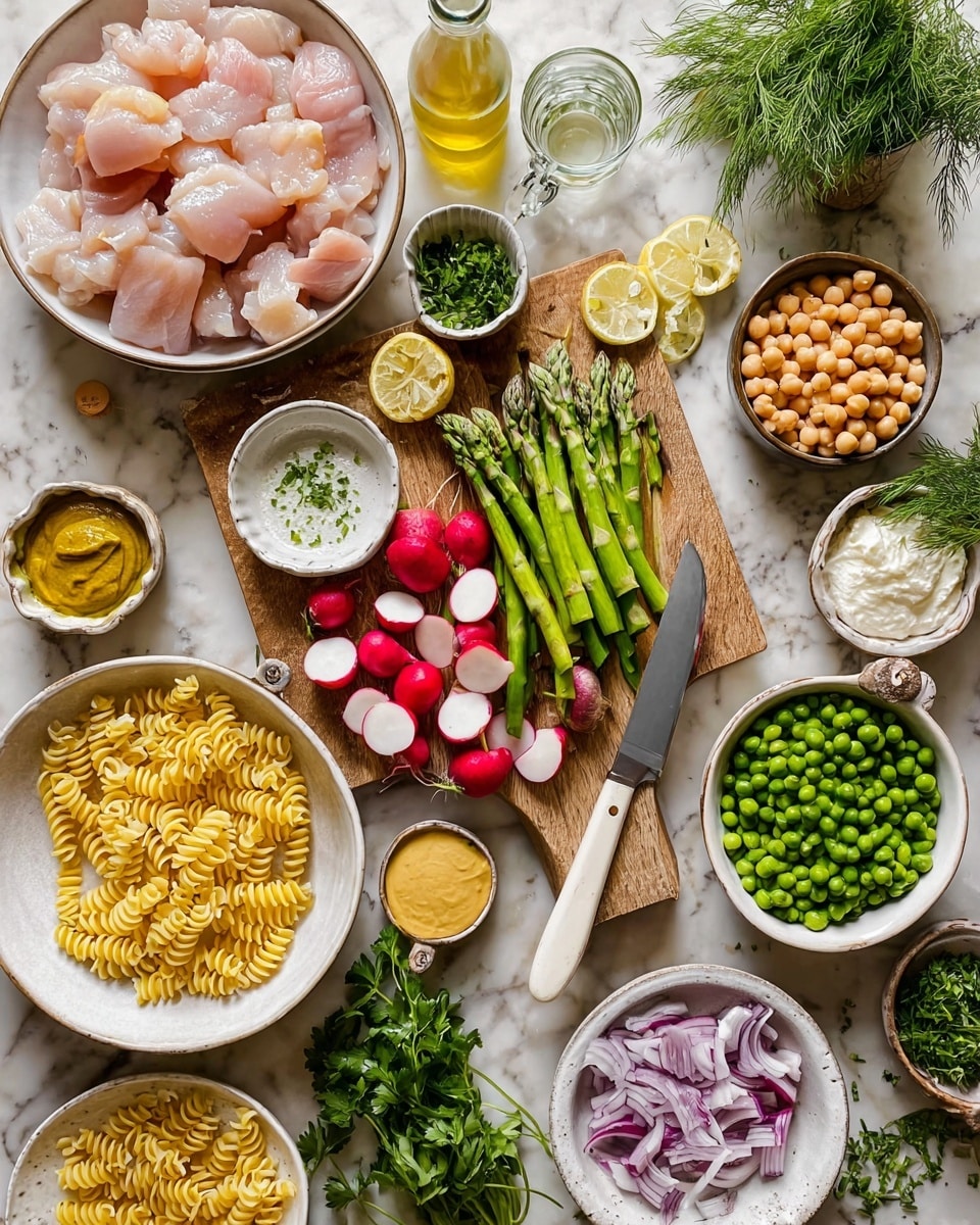 This image shows many ingredients neatly placed on a white marbled surface. At the center, there is a wooden board with green asparagus laid out, partly whole and partly cut, alongside sliced round radishes in red and white colors. A white knife with a wooden handle rests on the board. Surrounding the board, there are white bowls and dishes filled with various items: a bowl with raw, pale pink chicken pieces on the left, a bowl with yellow spiral pasta at the bottom, a bowl with green peas inside a bigger bowl of chickpeas to the right, a small bowl with sliced purple onion, another with fresh green herbs, a small dish with dill, and several small containers holding a thick mustard-yellow paste, a light beige sauce with a spoon, white cottage cheese, water, and a small amount of golden brown liquid. Fresh green onions and parsley sprigs are scattered around the setup, with a whole lemon and a bottle of light yellow oil near the top. Photo taken with an iphone --ar 4:5 --v 7