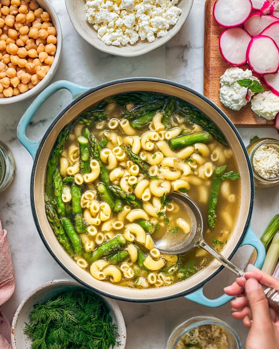 A light blue pot filled with a clear broth containing yellow curved pasta and bright green asparagus pieces floating evenly throughout. A woman's hand holds a large silver spoon stirring the contents, showing the pasta and asparagus clearly. The scene is set on a white marbled surface with a white bowl of light beige chickpeas to the upper left, a white bowl of crumbled white cheese with a pink rim above the pot, sliced radishes and a cutting board with a jar of creamy sauce to the upper right, and a small white bowl with green herbs in the lower left corner. photo taken with an iphone --ar 4:5 --v 7