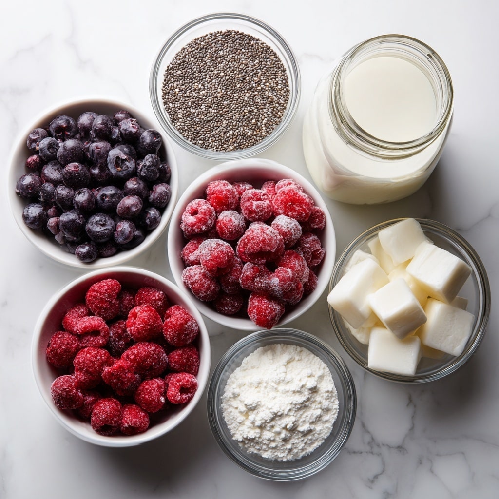 The image shows six small white bowls and a glass jar arranged on a white marbled surface. One bowl holds small, dark purple wild blueberries with a smooth texture. Another bowl contains bright red, frosty raspberries that look slightly chunky. A third bowl has small, round chia seeds that are grayish with a rough texture. There is a bowl filled with white, powdery protein powder in small clumps. A bowl contains clear, rectangular ice cubes with a smooth texture. Finally, a glass jar filled with off-white milk sits among the bowls, showing a creamy liquid. photo taken with an iphone --ar 4:5 --v 7