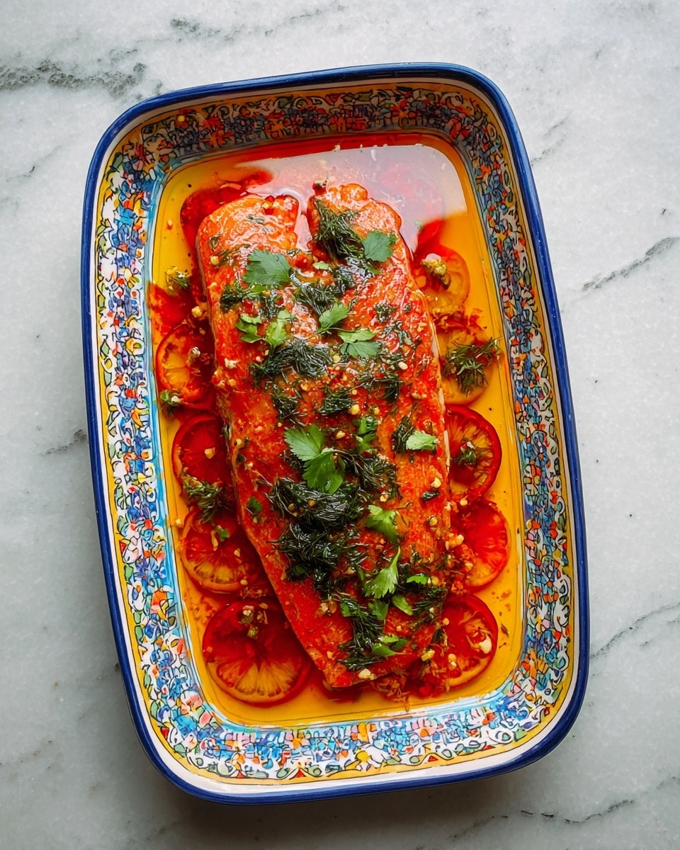 A large, bright orange fish fillet lies in a white rectangular dish with colorful, detailed blue, yellow, and red patterns around the edges. The fish is covered with small green herb leaves scattered on top, adding contrast and a fresh look. It rests in a red liquid mixed with orange slices and small bits of herbs or spices, creating a layered effect of colors and textures. The dish is set on a white marbled surface photo taken with an iphone --ar 4:5 --v 7