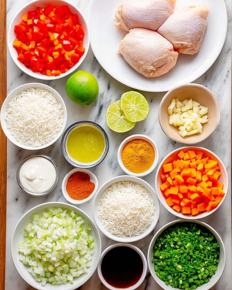 The image shows many ingredients arranged neatly on a white marbled texture with white bowls and plates. At the top center, two raw chicken pieces lay on a white plate. Below them, there are diced red bell peppers in a white bowl on the left, diced orange carrots in a white bowl on the right, and chopped white onions in a white bowl in the middle. Toward the bottom, there is minced garlic in a small white bowl on the left, minced ginger in a small white bowl on the right, and two small white bowls in the middle with orange turmeric powder on the left and red chili powder on the right. Further down, there are two limes green on either side, a small bowl of green lime juice on the left, a white open can with a white creamy substance in the middle, and a small bowl of dark brown liquid on the right. Along the bottom edge, there is a bowl of chopped green onions on the left, uncooked white rice in the middle, and chopped green herbs, likely cilantro, on the right. photo taken with an iphone --ar 4:5 --v 7