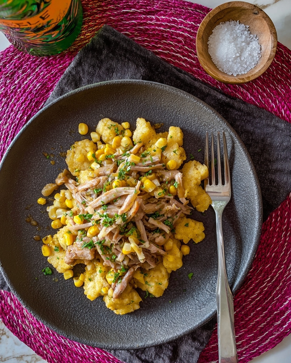 A dark grey round plate holds a dish with two main layers. The bottom layer is made of irregular, golden-yellow pieces with a soft texture. On top, there is a mix of yellow corn kernels, light brown thin strips, and small pieces of light beige meat, garnished with small green herb bits evenly scattered. The plate sits on a dark cloth with a pink thread and next to a pink woven placemat on a white marbled surface. A fork with a shiny metal handle is on the right side of the plate, and a small round dish with coarse white salt is visible above along with part of a bottle decorated in green, yellow, and orange. Photo taken with an iphone --ar 4:5 --v 7