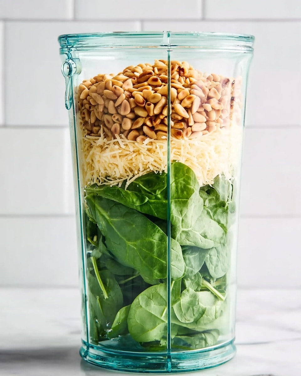 A clear blender cup stands upright on a white marbled surface filled with three visible layers of ingredients. The bottom layer is made up of fresh, green spinach leaves, occupying nearly half the cup with a slightly crinkled texture. Above the spinach, there is a middle layer of small grated pieces of light yellow cheese, contrasting with the green below. The top layer consists of a dense pile of golden-brown toasted pine nuts that fill the top quarter of the cup. The background shows a white tile wall, and the image is bright and clear, indicating natural light. photo taken with an iphone --ar 4:5 --v 7