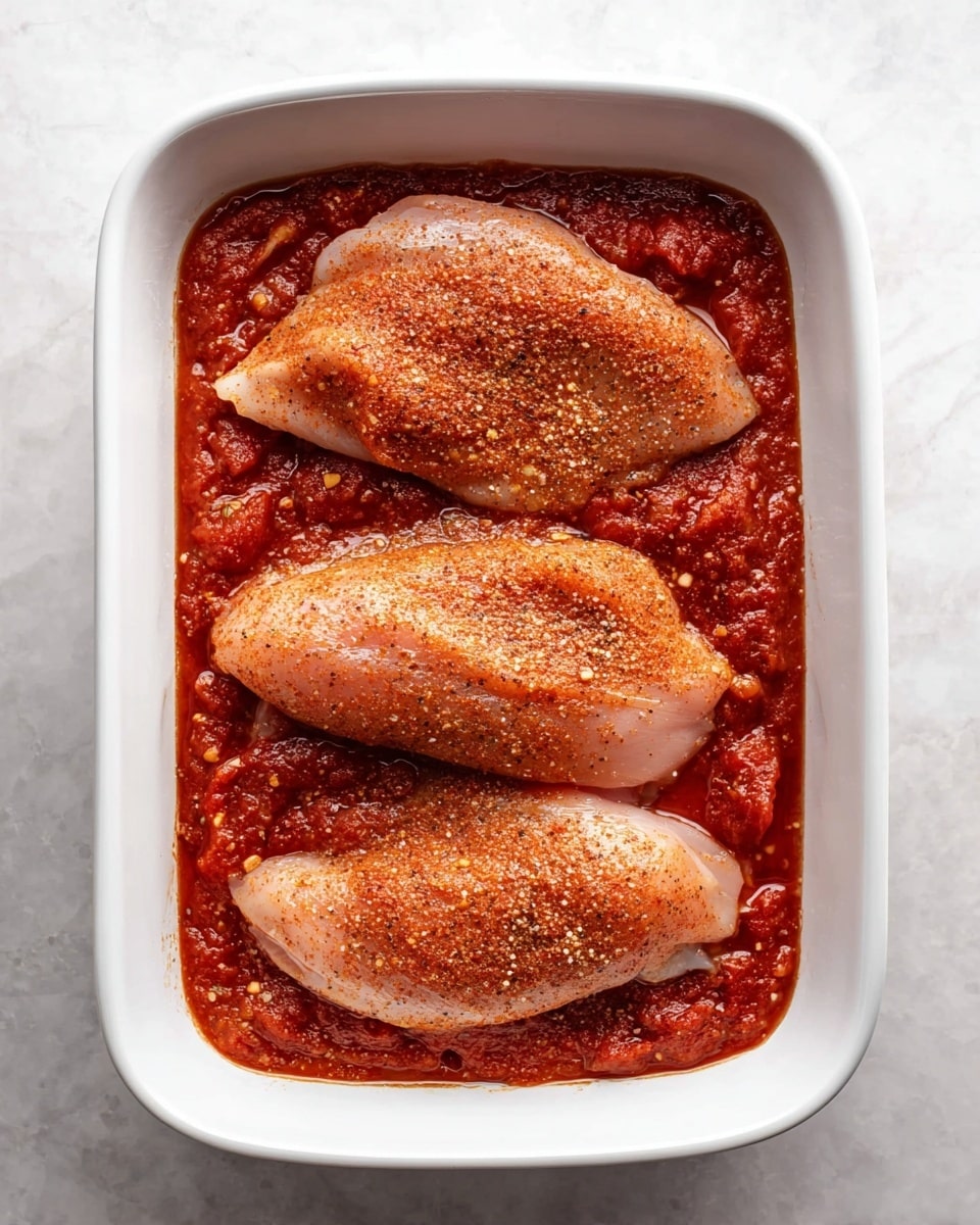 In a white rectangular baking dish, there are three pieces of raw chicken, each placed side by side in a single layer. The chicken pieces are light pink with a reddish seasoning sprinkled evenly on top, creating a textured, slightly rough surface. Beneath the chicken, a thick layer of chunky red tomato sauce fills the bottom of the dish, spreading out evenly with visible small bits of tomato and seeds. The dish is set on a white marbled surface. photo taken with an iphone --ar 4:5 --v 7
