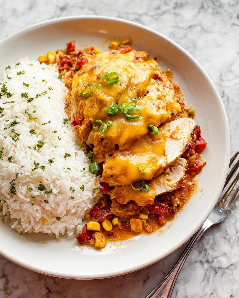 A white plate holds a large serving of cooked white rice sprinkled with small green herbs, covering half the plate. Next to the rice are three thick layers of cooked chicken slices, each topped with a melted layer of yellow-orange cheese mixed with pieces of corn and small red tomato bits. The chicken is placed over a chunky red sauce visible beneath the cheese, and small green onion slices are scattered on top. A silver fork rests to the right side of the plate on a white marbled surface nearby. photo taken with an iphone --ar 4:5 --v 7