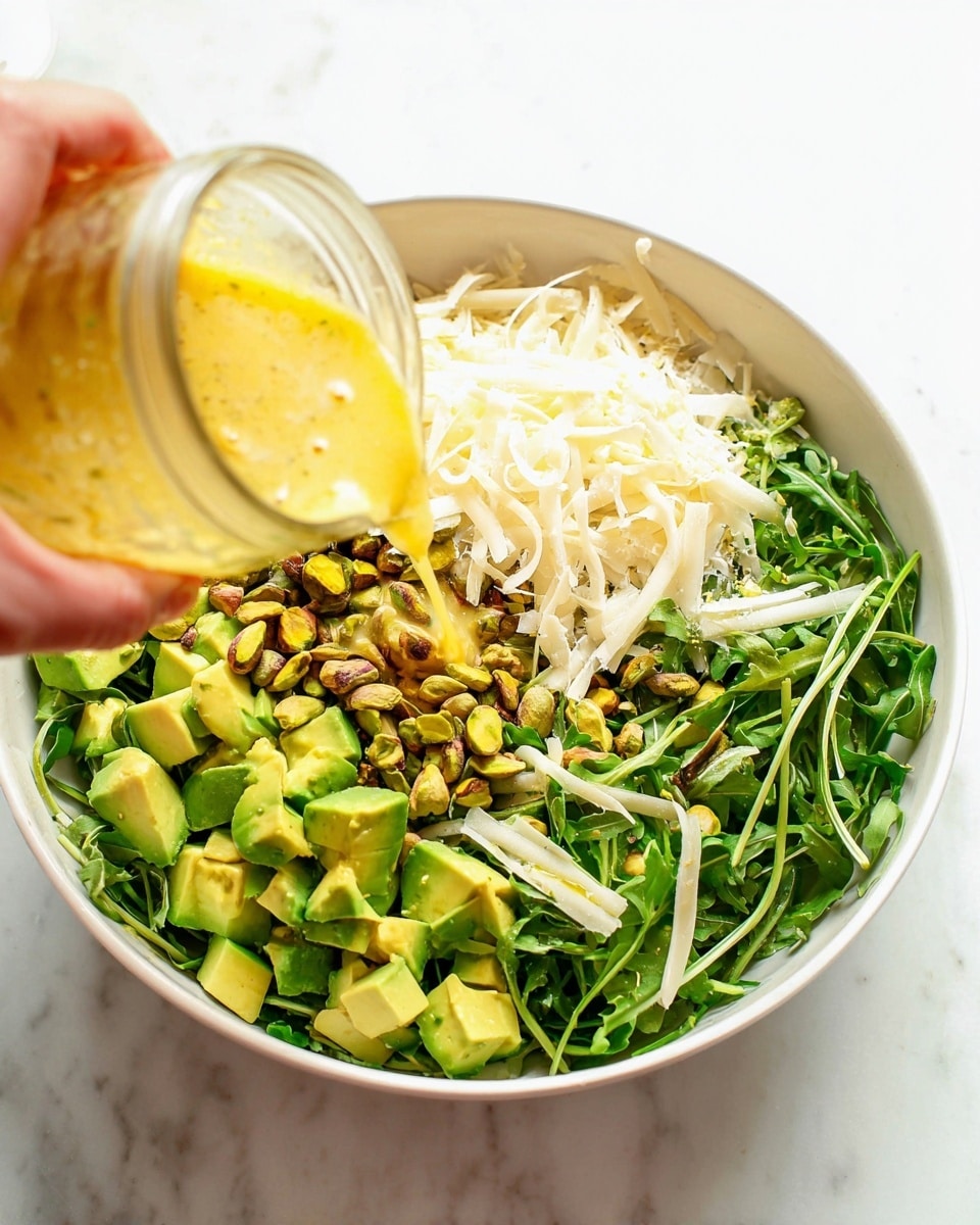 A white bowl filled with a fresh salad sitting on a white marbled surface shows three main layers; the bottom layer is a bed of dark green arugula leaves with long stalks, the middle layer has diced bright green avocado cubes and a handful of pistachio nuts scattered on top, and the top right section is covered with thin, off-white shavings of cheese. A woman's hand is seen from the left side pouring a thick yellow dressing from a small glass jar onto the salad. The image is brightly lit, emphasizing the fresh and colorful ingredients photo taken with an iphone --ar 4:5 --v 7