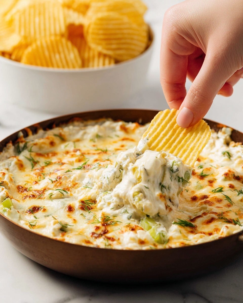 A round brown pan contains a creamy dip with a top layer of melted light golden cheese that is slightly browned in spots. The dip has chunks of white cheese and small green pieces, likely herbs or chopped vegetables, scattered on the surface. A woman's hand is dipping a ridged light yellow chip into the creamy mix. In the background, a white bowl filled with more ridged chips is visible against a white marbled surface. photo taken with an iphone --ar 4:5 --v 7