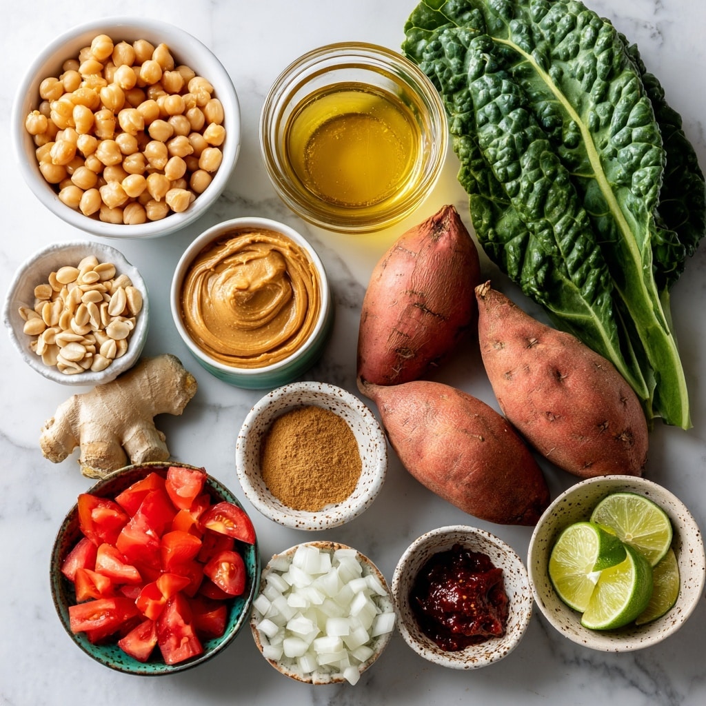 A close-up top view of various ingredients arranged on a white marbled surface, each in a white bowl or small dish. Starting from the top left, a bowl filled with light beige chickpeas, next to a glass container of golden veggie broth. To the right, bright green collard greens with dark veins and texture, placed beside two reddish-brown sweet potatoes. Below the broth and chickpeas, a small bowl of light brown peanuts, and next to it, an earthy orange bowl filled with smooth peanut butter. In the middle, a small dish holding fresh ginger root and a garlic clove, nearby a small bowl with light brown cumin powder. On the left side, a bowl of diced white onions, a green bowl with diced bright red tomatoes, and a smaller bowl containing dark red chipotle pepper paste. At the bottom right, a speckled bowl with lime wedges, all colors distinct and textures clear, photo taken with an iphone --ar 4:5 --v 7