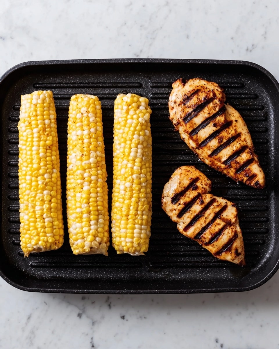 The image shows a black grill pan placed on a white marbled surface, containing three pieces of grilled corn on the cob lined up on the left side, each with bright yellow kernels and small brown grill marks. On the right side, two grilled chicken pieces with a golden-brown color and distinct dark grill lines are positioned next to each other. The grill pan has visible ridges and a matte texture, and the scene is well-lit, emphasizing the color and texture of the corn and chicken. photo taken with an iphone --ar 4:5 --v 7