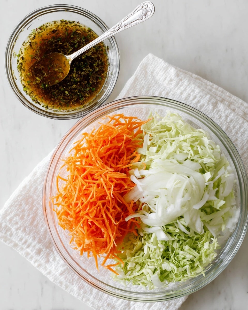 A clear glass bowl contains three layers of fresh vegetables arranged side by side: bright orange shredded carrots on the upper left, thinly sliced white onions on the upper right, and finely chopped pale green cabbage filling the bottom half. Above the bowl, a smaller clear bowl holds a dark, oily dressing with herbs, and a silver spoon rests inside it. Both bowls are placed on a white cloth, all set on a white marbled surface. photo taken with an iphone --ar 4:5 --v 7