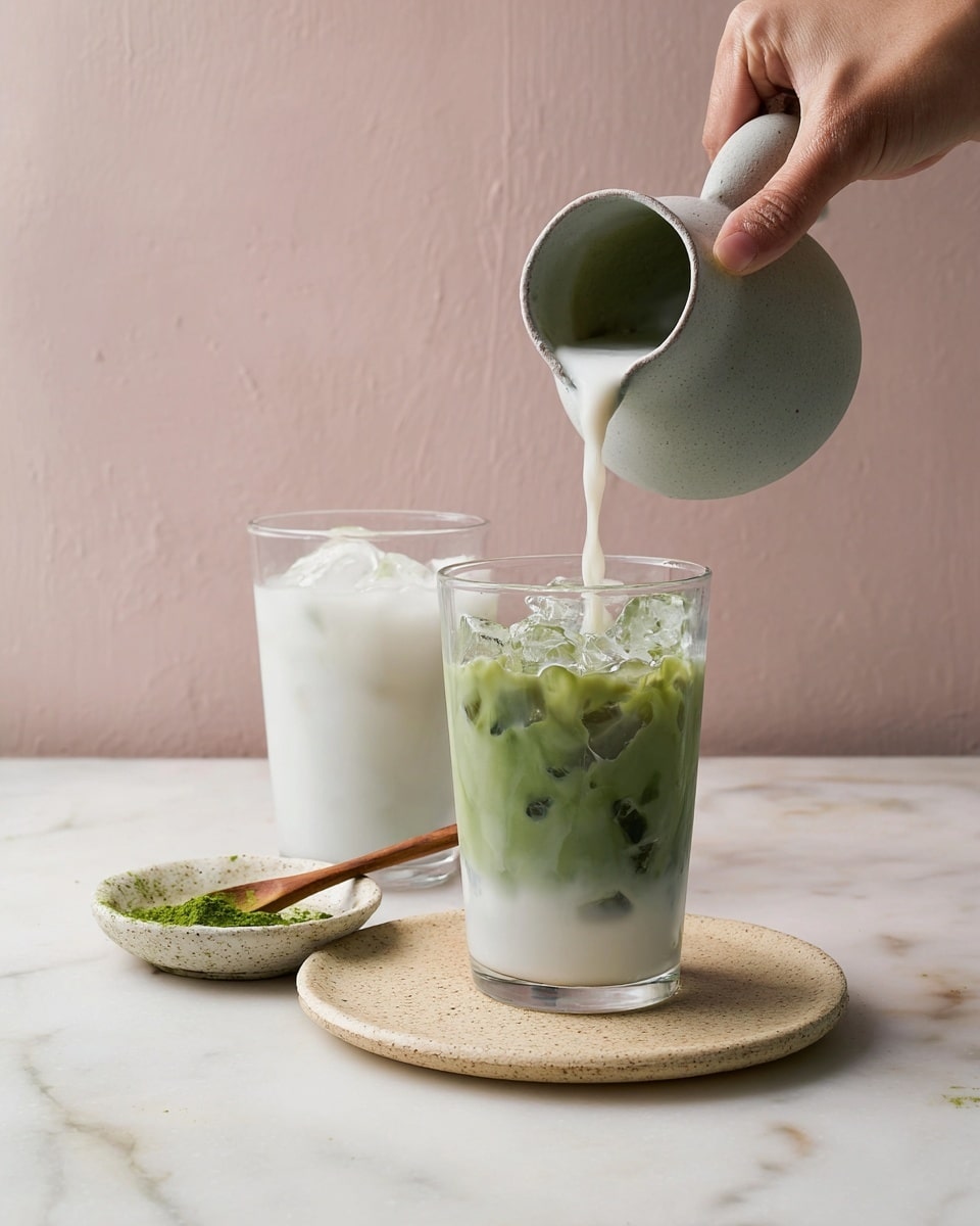A woman's hand is pouring a green liquid from a light gray ceramic pitcher into a clear glass filled with white milk and ice cubes, sitting on a round beige stone plate on a white marbled surface. Behind it, another clear glass shows two layers: a bottom layer of white milk with ice and a top layer of green liquid partly mixed. To the left, there is a small speckled dish holding green powder with a wooden spoon resting inside. The background is a soft dusty pink wall. photo taken with an iphone --ar 4:5 --v 7