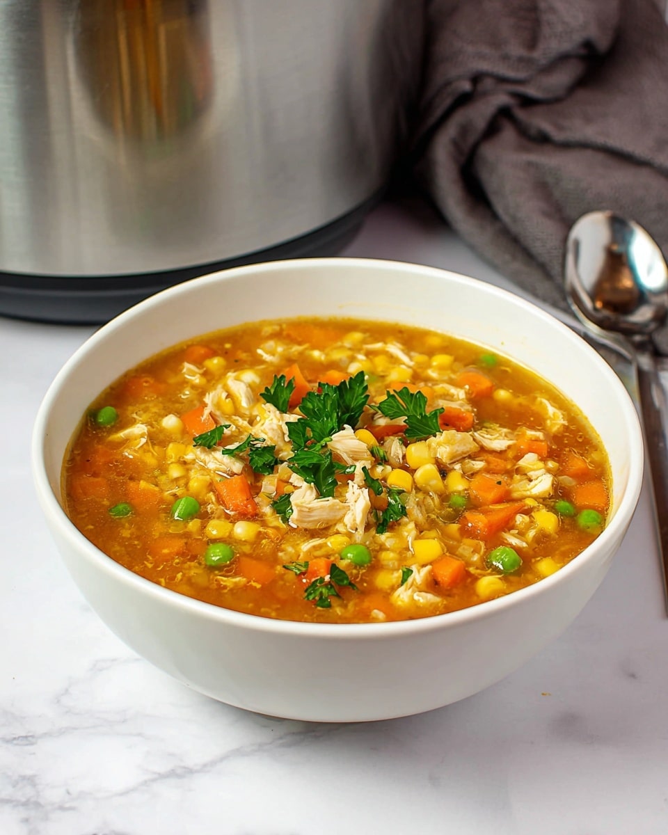 A white bowl filled with a thick soup that has multiple layers of colors and textures. The base is a warm orange-brown broth with scattered pieces of yellow corn and green peas throughout. On top of the broth, there are chunks of white chicken mixed with small diced orange carrots and bits of translucent onions. The soup is garnished with fresh green parsley leaves placed in the center. The bowl sits on a white marbled surface. In the background, there is a large stainless steel pot with a gray cloth beside it. A silver spoon is positioned to the right of the bowl. Photo taken with an iphone --ar 4:5 --v 7